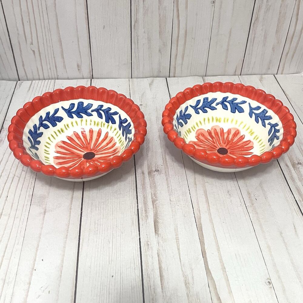 Vtg Anthropologie Baila Sun Stone Bowl 6" Hand Painted Design Flower Set of 2